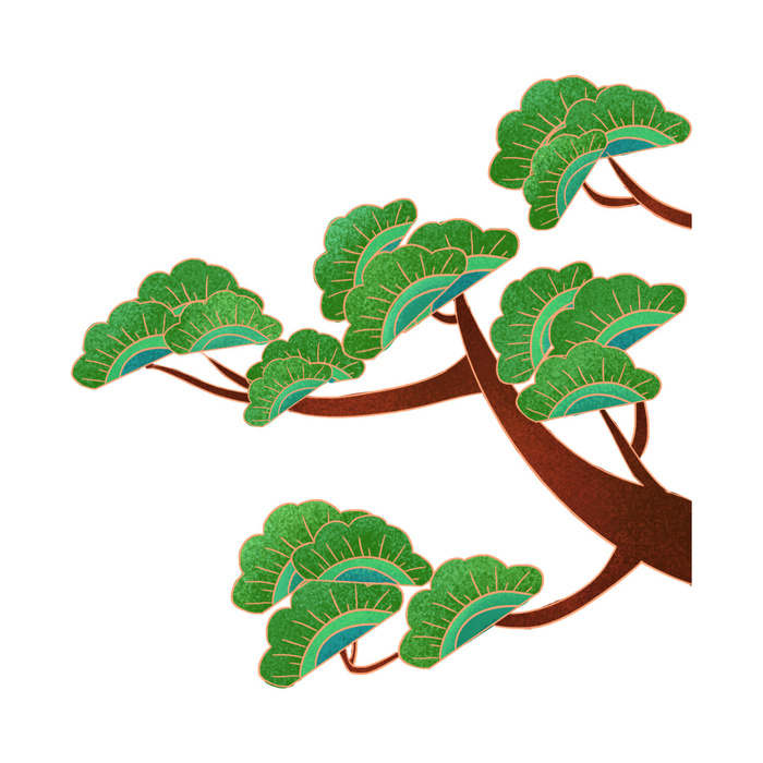 国潮风松树松枝松柏树木手绘植物装饰图案元素PSD设计素材