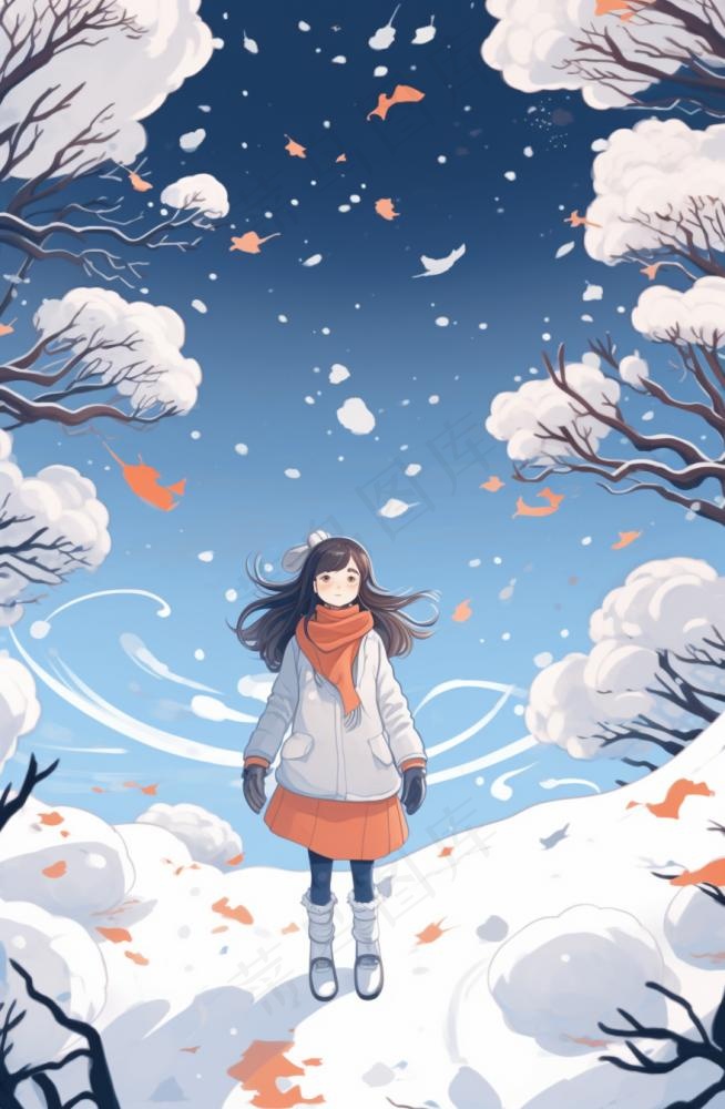 冬季在雪地里漫步的少女女孩漫天飞雪卡通插画背景(880x1344)