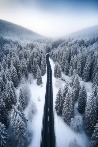 冬天森林公路森林俯瞰图摄影图