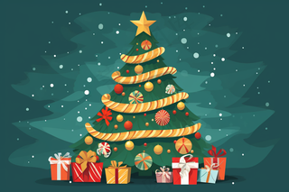 圣诞树装饰礼物节日卡通插画绿色背景