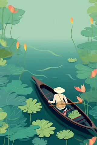 国潮夏至捞鱼清新插画背景