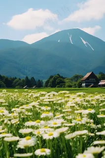 花丛深处人家村庄远山摄影图