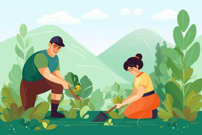 少年们正在植树绿色卡通插画(x)