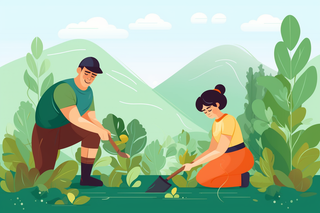 少年们正在植树绿色卡通插画