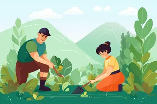 少年们正在植树绿色卡通插画