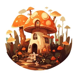 卡通插画蘑菇屋兔子免抠