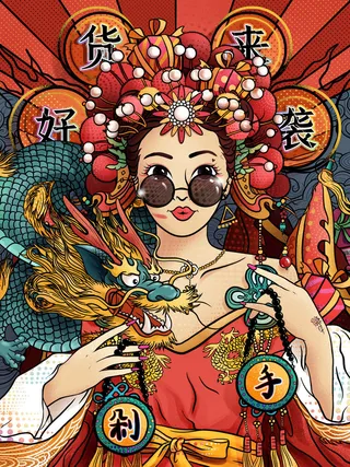 手绘中国风国潮京剧戏曲人物插画古风国粹花旦ai矢量ps设计素材图