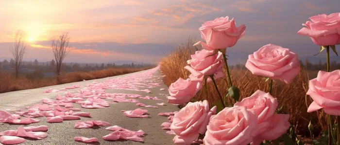 路上的粉红玫瑰 美丽的高清花卉景观，rachel ruysch 的风格，浅粉色和浅青铜色，wilhelmina weber furlong，环保工艺，alma woodsey thomas，阳光照在上面，屡获殊荣背景(6720x2880)