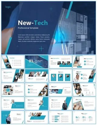 蓝色几何风科技主题工作总结报告ppt模板