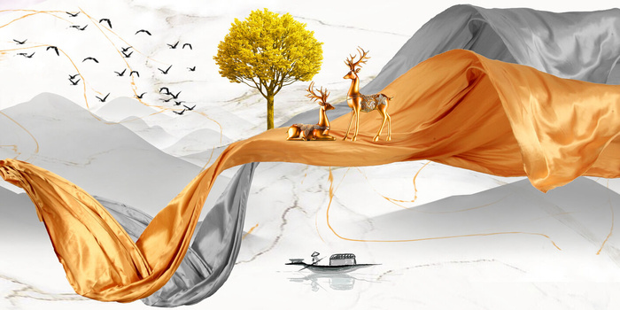 山水金树金鹿小船装饰画