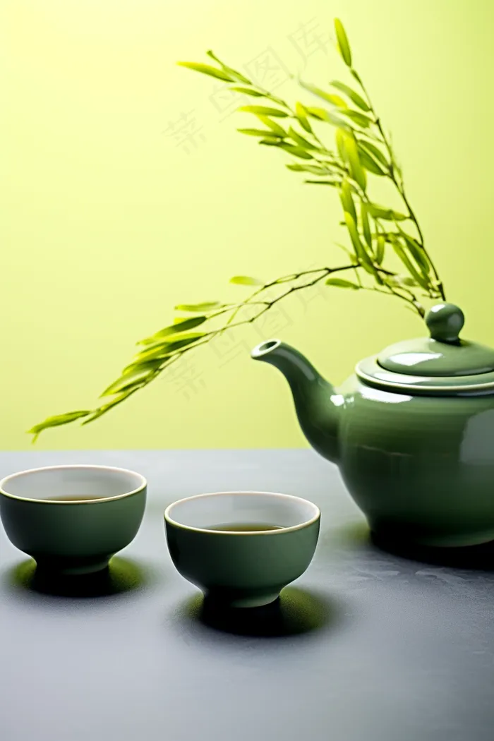 绿色茶壶茶杯植物浅绿背景墙摄影图(2688x4032)