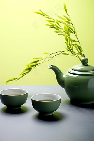 绿色茶壶茶杯植物浅绿背景墙摄影图