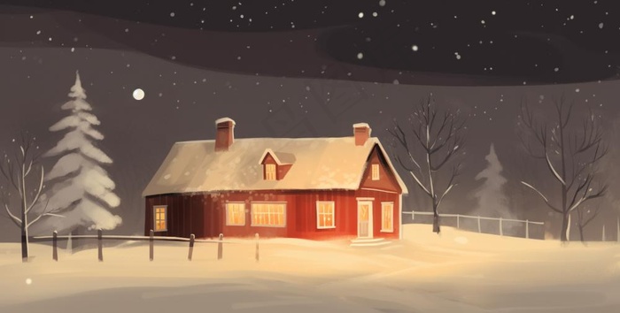 冬天夜晚森林里的房子被白雪覆盖卡通插画背景(1552x784)
