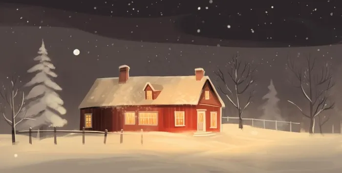 冬天夜晚森林里的房子被白雪覆盖卡通插画背景(1552x784)