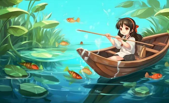 在湖中划船的女孩睡莲绿叶插画海报背景(5632x3456)