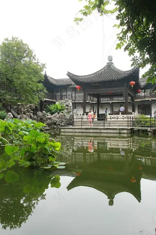 园林中水面上的观景亭