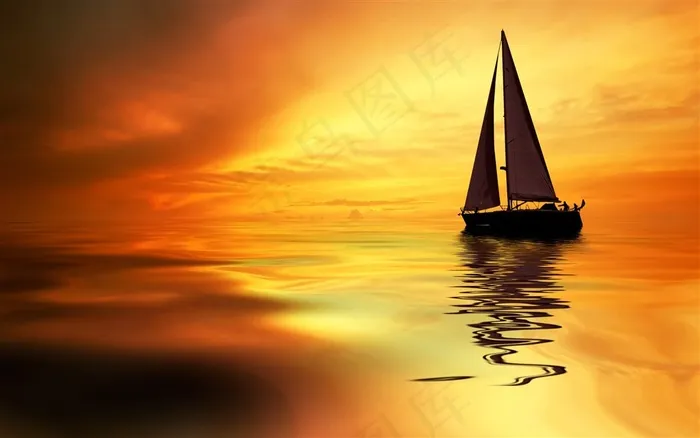 夕阳下在海中航行的帆船摄影图片船图片
