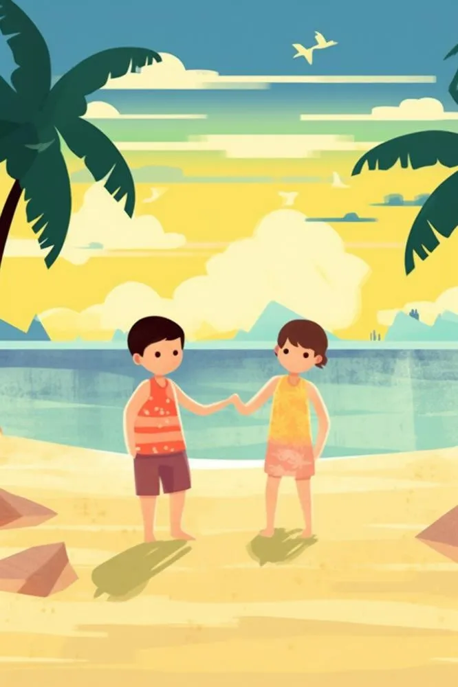 夏日沙滩儿童游玩插画背景(896x1344)