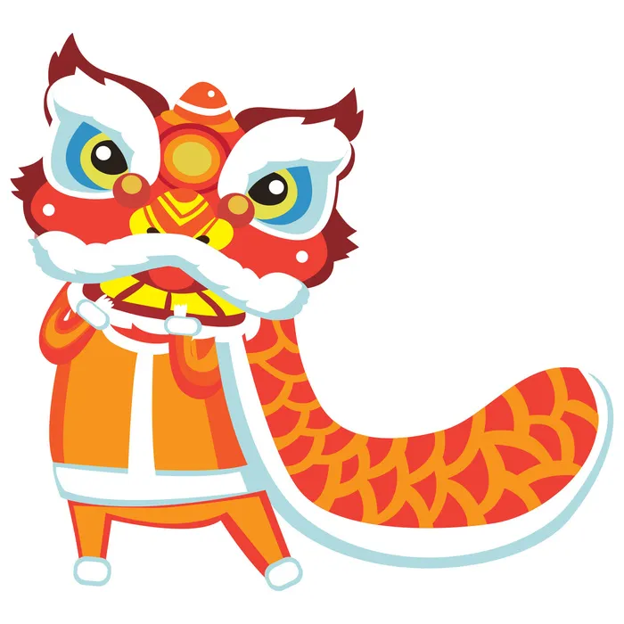 新年春节虎年元宵手绘人物舞狮卡通狮子头插画元素PSD设计素材