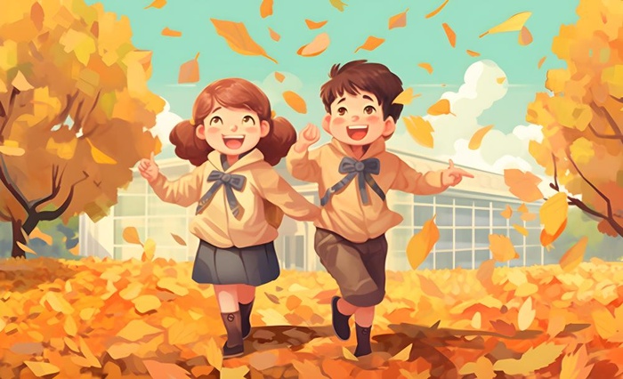 孩子们放学回家落叶欢乐卡通插画背景