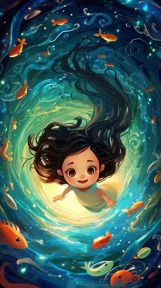 炫酷浪漫海洋海底水底可爱女孩手绘插画，鱼类水母生物(816x1456)