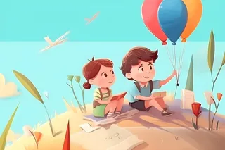 儿童放假写作业天空热气球卡通背景