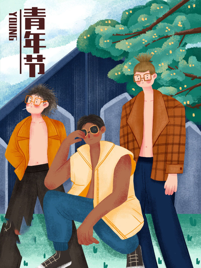54青年海报54青年插画海报psd模版下载