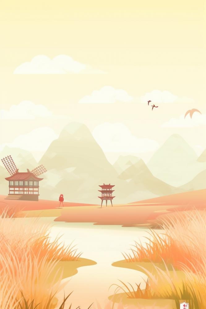风车小屋黄色麦田背景