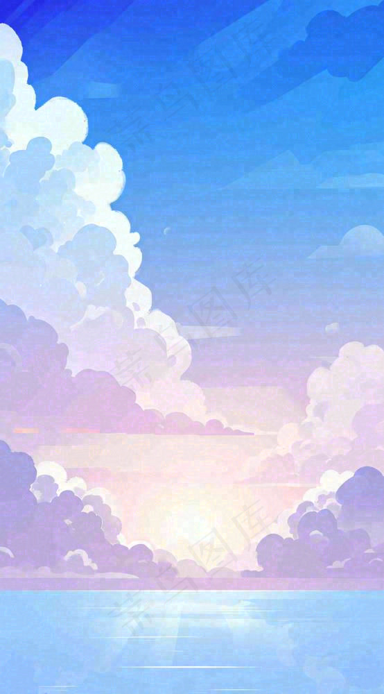 粉蓝渐变天空白云简约温馨，阳光海面海洋扁平插画