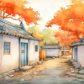 秋季胡同里古代建筑庭院水彩画水墨画素材