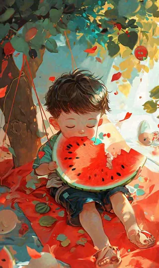 夏日清凉阳光男孩吃西瓜油画手绘插画，儿童节夏至大暑小暑