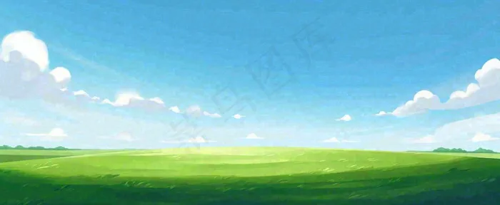 卡通手绘绿色草坡蓝天白云，春天，儿童节，春游，春分(1712x704)