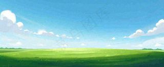 卡通手绘绿色草坡蓝天白云，春天，儿童节，春游，春分