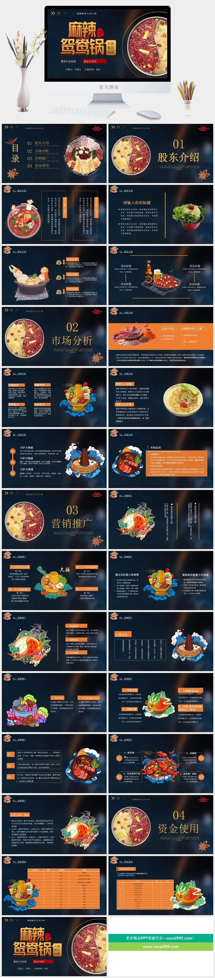 国潮美食餐饮PPT模板中华美食火锅烤串海鲜加盟宣传