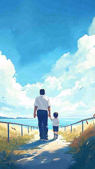 蓝天白云下父亲牵着手，父爱背影亲情伟大感恩