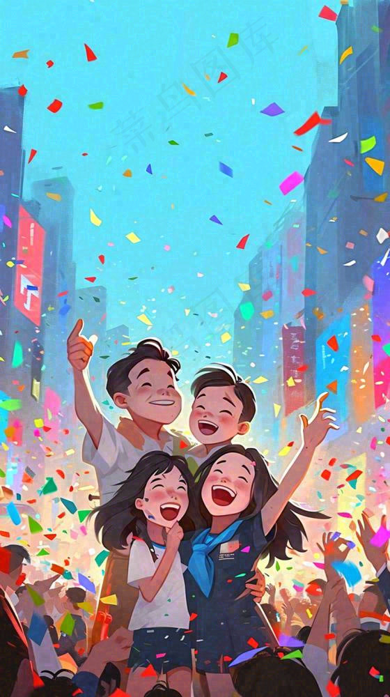 青年狂欢庆祝活动手绘插画，彩带街道