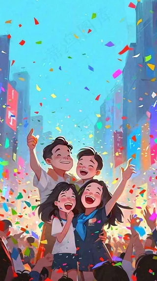 青年狂欢庆祝活动手绘插画，彩带街道