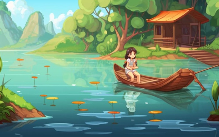 湖泊划船女孩山水风景背景