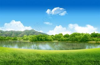 蓝天白云下的湖泊草原风景图片