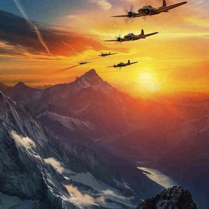落日下的连绵山脉，飞机战斗机，冰川云海(1024x1024)