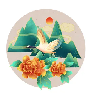 中国风国潮仙鹤山水插画手绘元素场景PSD设计素材