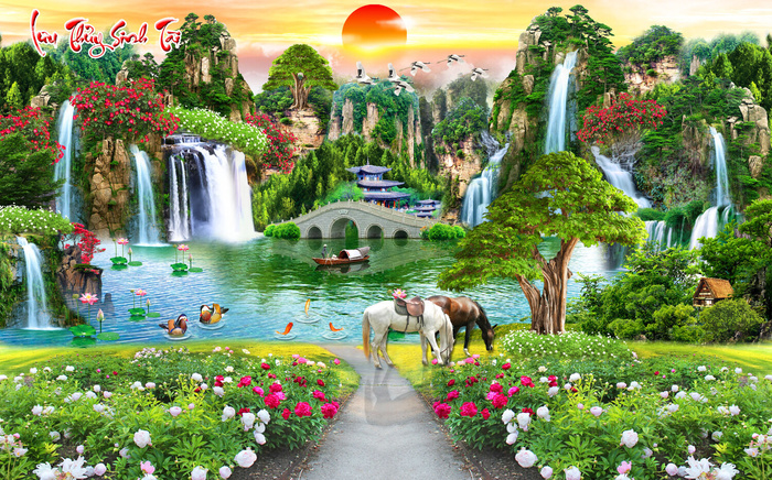 流水生财双马高山背景风景