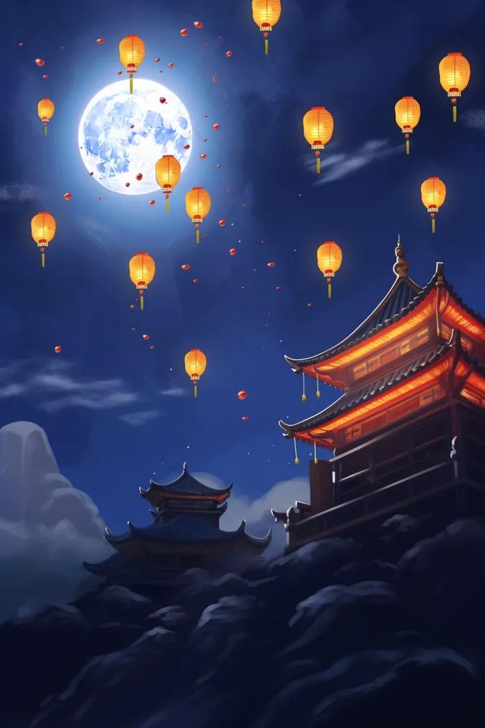中秋夜晚满月古建筑阁楼灯笼插画蓝色背景(2688x4032)