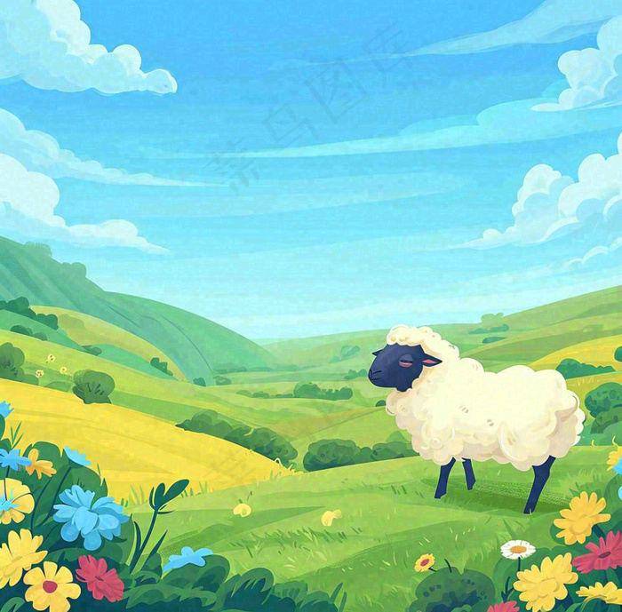卡通手绘绿色春天草地鲜花花朵绵羊