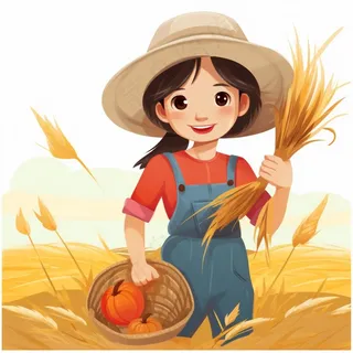 秋收女孩收麦子插画素材 秋收女孩收麦子插画素材