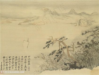 张大千手绘水墨山脉树木装饰画