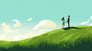 情侣在草原山坡上风吹白云蓝天卡通插画素材