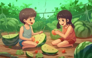 土地上吃西瓜的少年背景