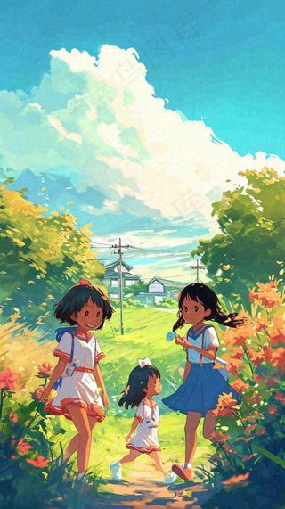 清新蓝天白云儿童路边行走手绘插画，花丛草地植物