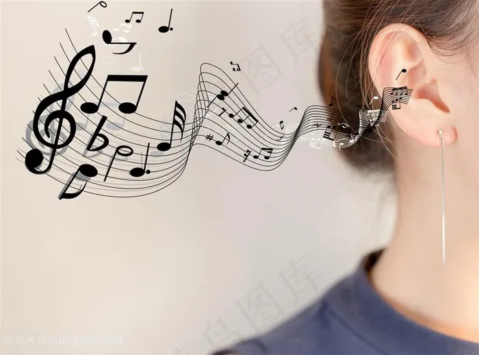 女性听音乐五线谱音符音乐符号